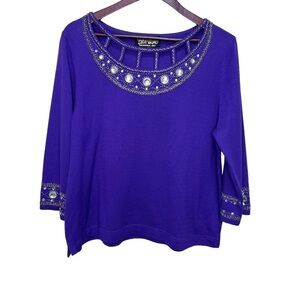 Bob Mackie Wearable Art Purple Scoop Neck Sweater Size Medium Art to Wear Bling